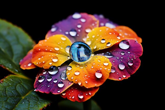 Un primer plano de las gotas de lluvia en una flor colorida