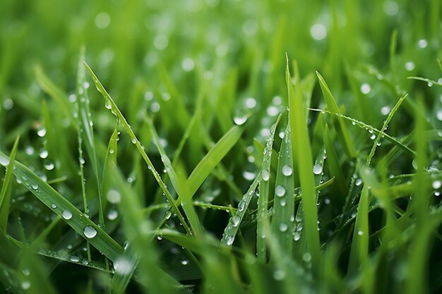 Un primer plano de las gotas de lluvia en las hojas de hierba