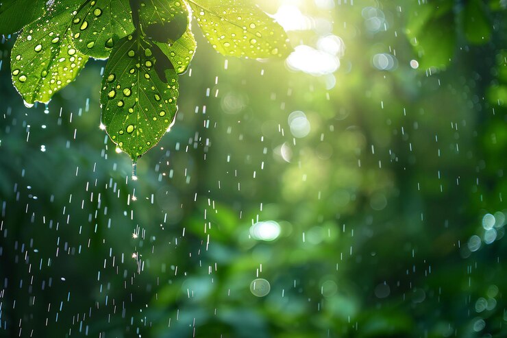 Un primer plano de gotas de lluvia en las hojas con la lluvia cayendo en movimiento borroso y un efecto bokeh el ba