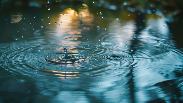 Un primer plano de las gotas de lluvia que caen en un estanque quieto creando ondas que hacen eco de la tranquilidad