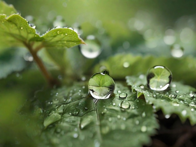 Un primer plano de las gotas de rocío en la hoja fresca de primavera