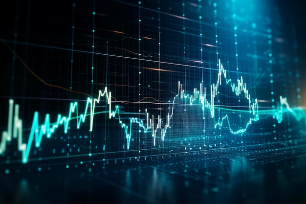 Primer plano del gráfico de cotizaciones sobre fondo oscuro con luces azules y verdes IA generativa