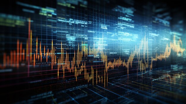 un primer plano de un gráfico del mercado de valores con una ciudad en el fondo generativo ai