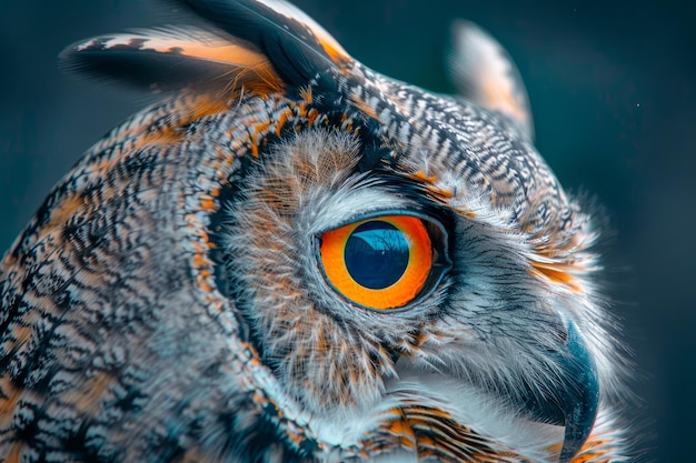 Un primer plano del gran búho de cuernos de ojos naranjas en detalle Un retrato de un pájaro exótico en un fondo oscuro