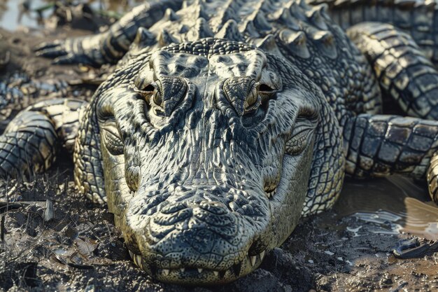 Foto un primer plano de un gran cocodrilo hembra de agua salada sentado en una orilla fangosa del río