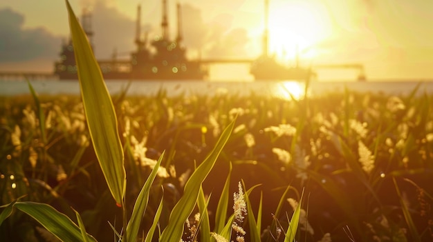 Un primer plano de un gran cultivo de biocombustibles brillando en el sol mientras se extiende hacia el cielo en el