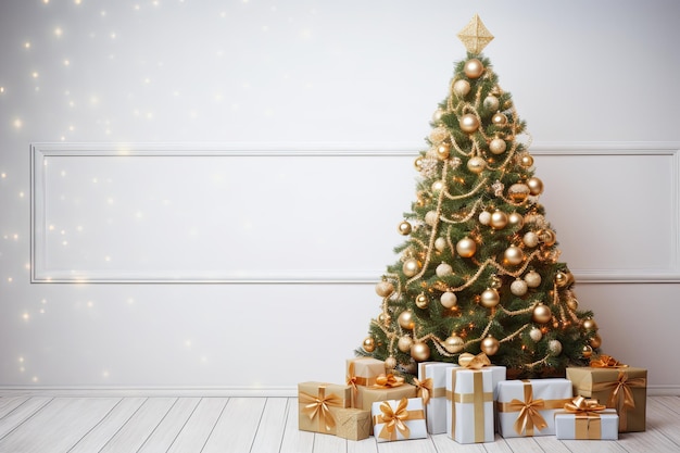 Primer plano de un gran y hermoso árbol de Navidad con regalos en un piso de madera y mucho espacio para copiar