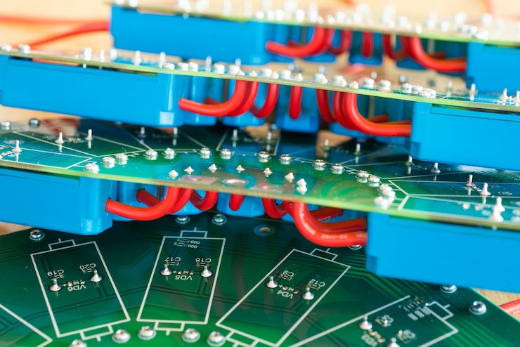 Foto primer plano de un gran microcircuito verde con componentes azules