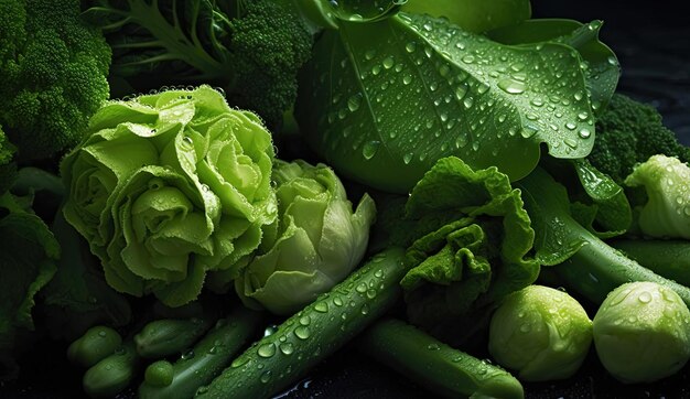 un primer plano de un gran montón de verduras verdes con gotas de agua sobre un fondo negro