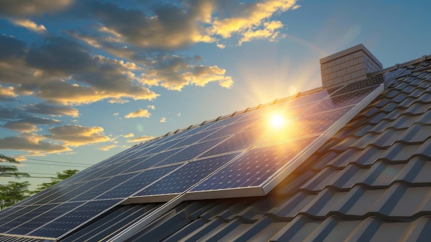 Un primer plano de un gran panel solar instalado en el techo de una casa con los rayos del sol brillando