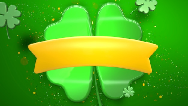Primer plano de grandes tréboles verdes y patrón irlandés sobre fondo brillante del día de San Patricio. Estilo de ilustración 3D de lujo y elegante para tema de vacaciones