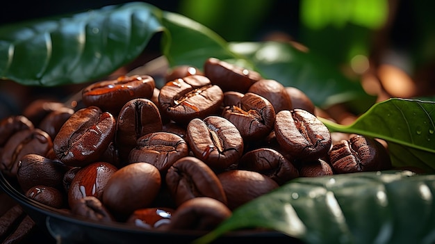Primer plano de granos de café crudos de color marrón con hojas listas para moler