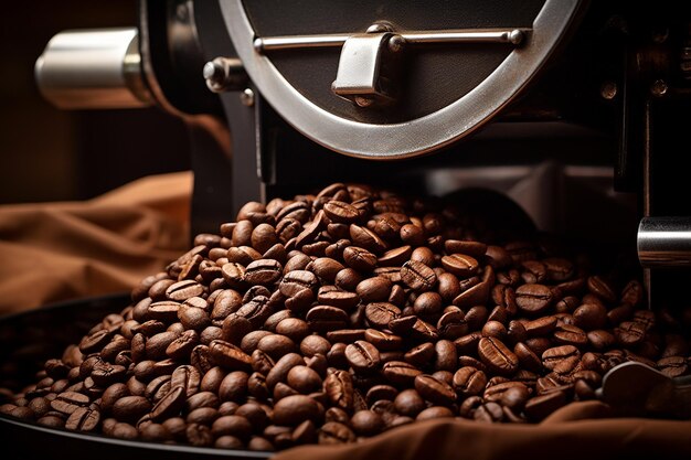 Foto un primer plano de los granos de café en un molinillo con el mango listo para girar