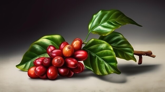 Primer plano de los granos de café rojo madurando café fresco rama de bayas rojas Generativo Ai