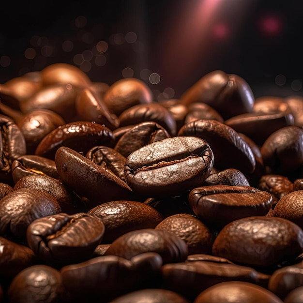 Un primer plano de granos de café sobre fondo oscuro