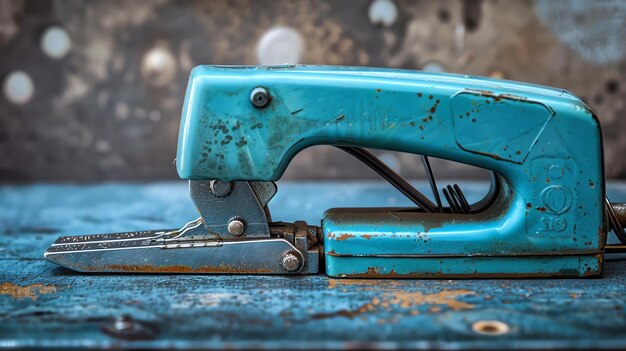 Foto primer plano de una grapadora azul vintage en una mesa de madera azul la grapadora está hecha de metal y tiene un mango de plástico azul