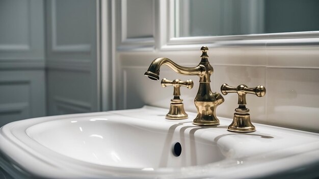 Un primer plano de un grifo de bronce con mangos calientes y fríos en un fregadero de inodoro blanco en un baño