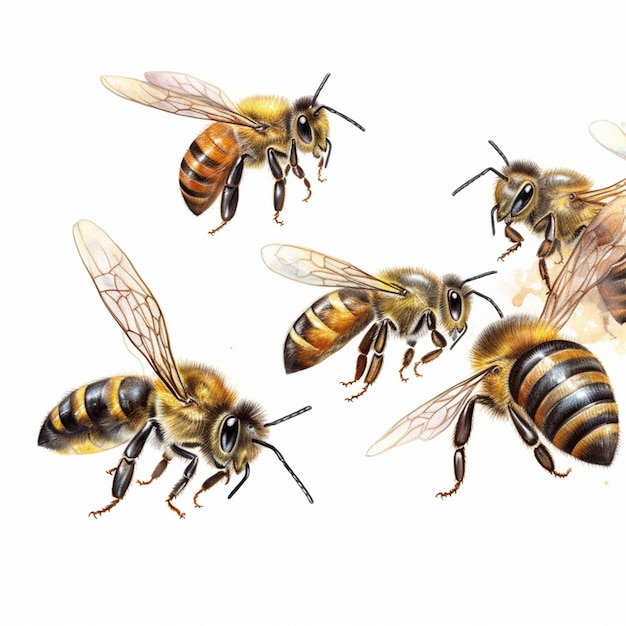 Un primer plano de un grupo de abejas volando en el aire