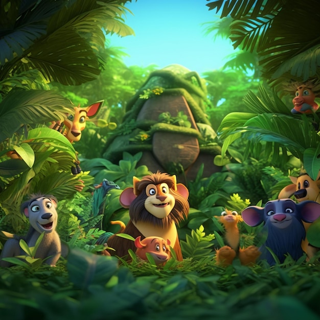 Foto un primer plano de un grupo de animales en una jungla generativa ai