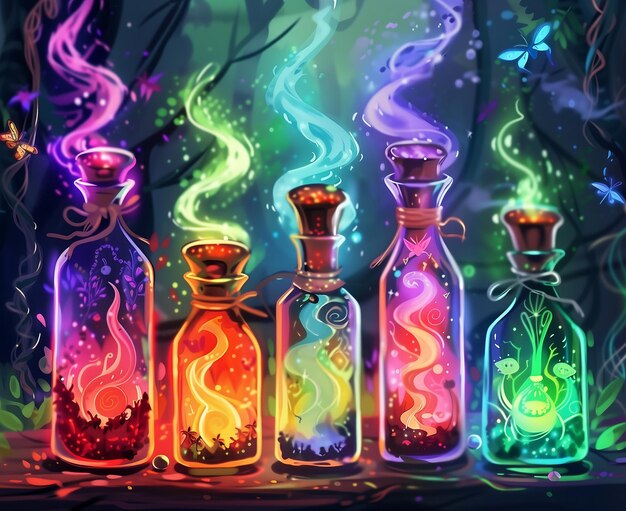 un primer plano de un grupo de botellas con diferentes luces de colores