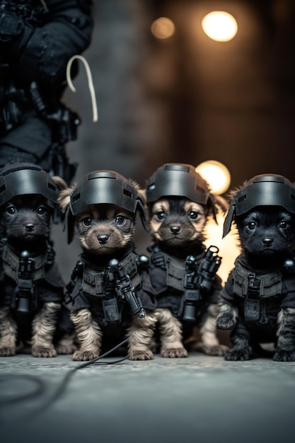 Un primer plano de un grupo de cachorros en uniformes generativos ai