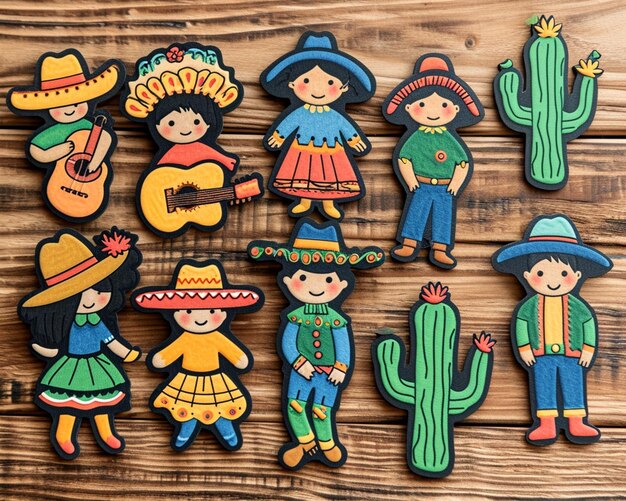 un primer plano de un grupo de galletas decoradas como caracteres mexicanos