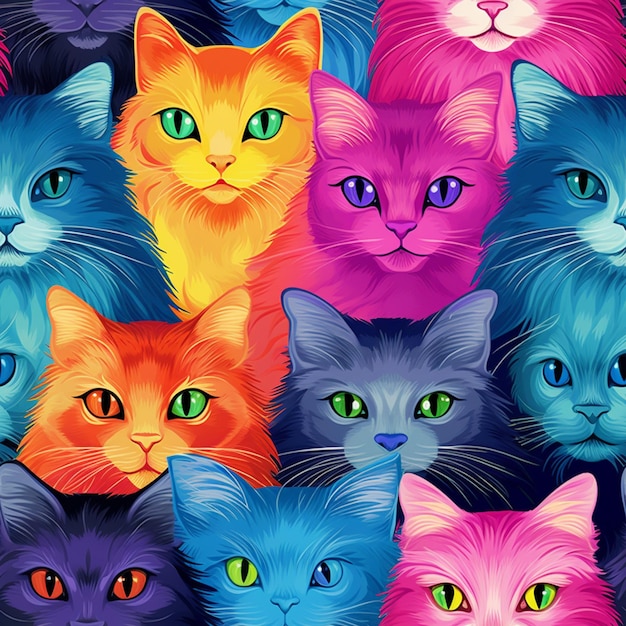 Un primer plano de un grupo de gatos con ojos de diferentes colores ai generativo