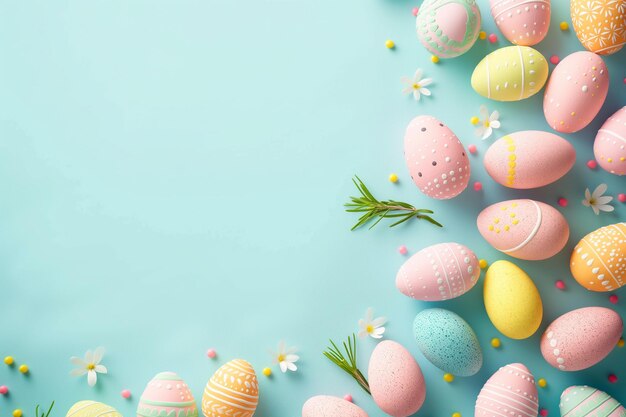 un primer plano de un grupo de huevos de Pascua coloridos en una superficie azul generativa ai