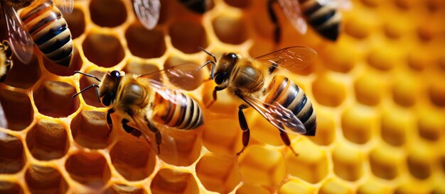 Foto primer plano de un grupo de insectos abejas en una colmena en una vista macro de un apiario imágenes generadas por ia