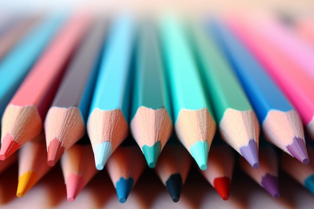 un primer plano de un grupo de lápices de colores colocados uno encima del otro ai generativo
