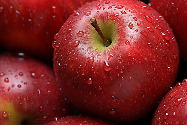 Un primer plano de un grupo de manzanas dispuestas en fila sobre una mesa de madera