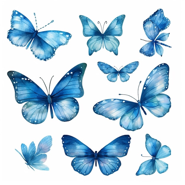 un primer plano de un grupo de mariposas azules en un fondo blanco