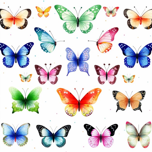 Un primer plano de un grupo de mariposas coloridas en un fondo blanco generativo ai