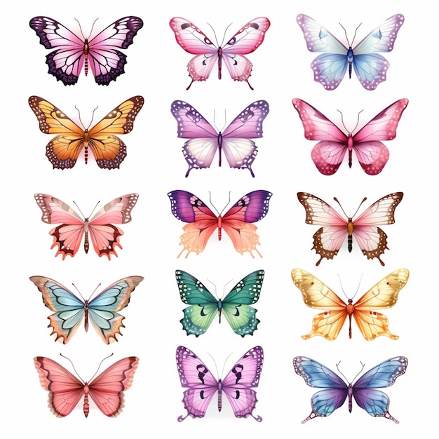 Foto un primer plano de un grupo de mariposas de diferentes colores generativo ai