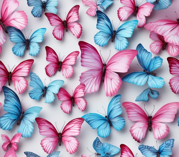 Foto un primer plano de un grupo de mariposas rosas y azules generativas ai