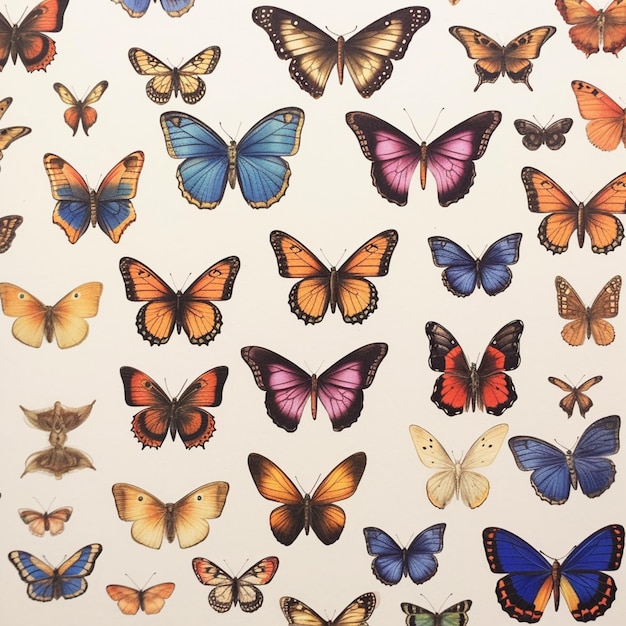 un primer plano de un grupo de mariposas en una superficie blanca generativa ai