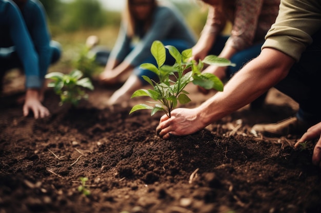 Primer plano de un grupo de niños plantando árboles en el jardín Un grupo de personas planta plántulas en el suelo en un primer plano generado por IA