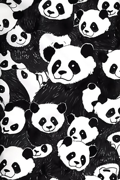 un primer plano de un grupo de osos panda sobre un fondo negro ai generativo