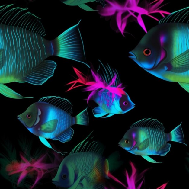 Un primer plano de un grupo de peces con luces de neón ai generativo