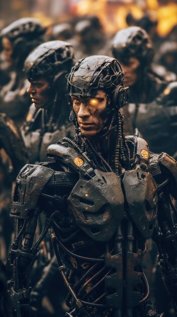 Un primer plano de un grupo de soldados humanos sus rostros grabados con miedo y determinación creados con IA generativa
