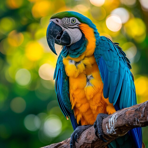 Un primer plano de un guacamayo azul y dorado en una selva tropical.