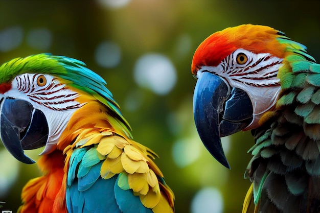 Primer plano de guacamayo multicolor Ara ararauna ave exótica