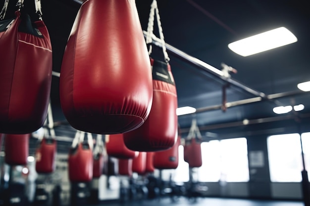 Un primer plano de guantes de boxeo colgados en un gimnasio bien iluminado