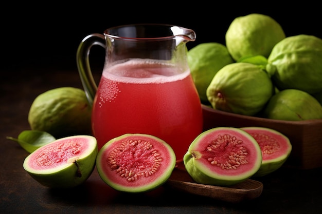 Un primer plano de guayabas cortadas con una jarra de jugo de guayaba en el fondo