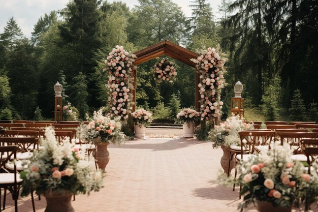 Un primer plano de una guirnalda floral envuelta alrededor de un arco de una ceremonia de boda