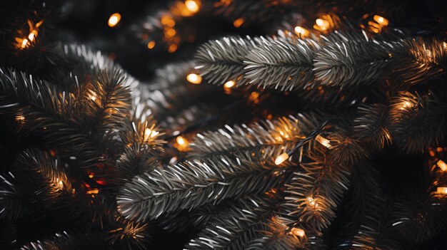 Un primer plano de una guirnalda entre las ramas de un árbol de Navidad