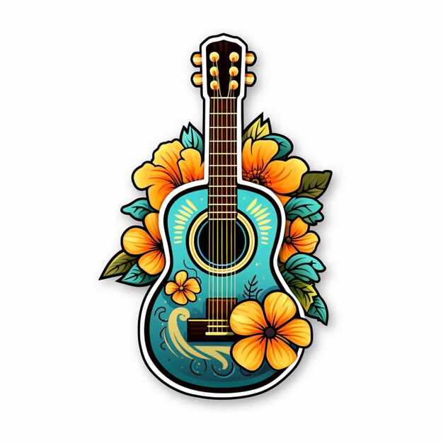 Foto un primer plano de una guitarra con flores en ella ai generativo