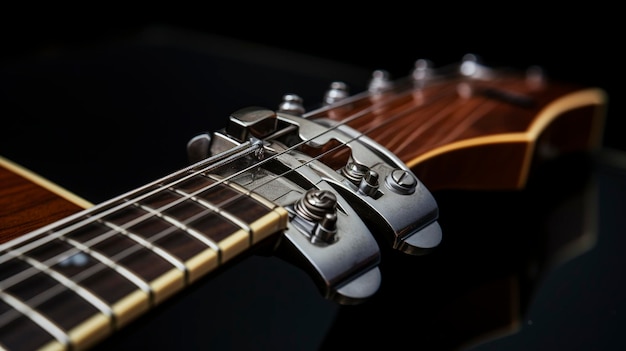 Foto un primer plano de una guitarra con un fondo negro