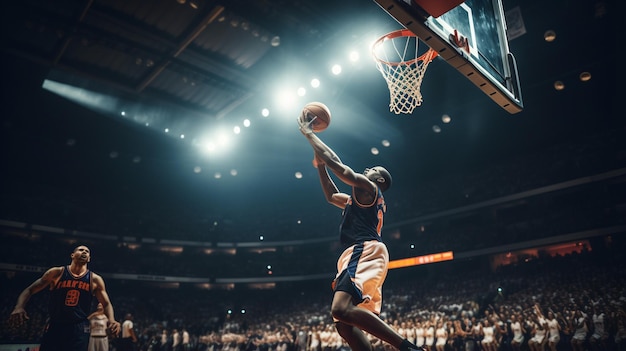 Un primer plano de un hábil jugador de baloncesto negro haciendo un tiro de salto con el aro y los aplausos de la multitud en el fondo