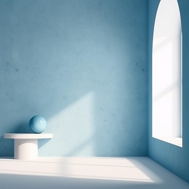Un primer plano de una habitación azul con una mesa blanca y una ventana generativa ai